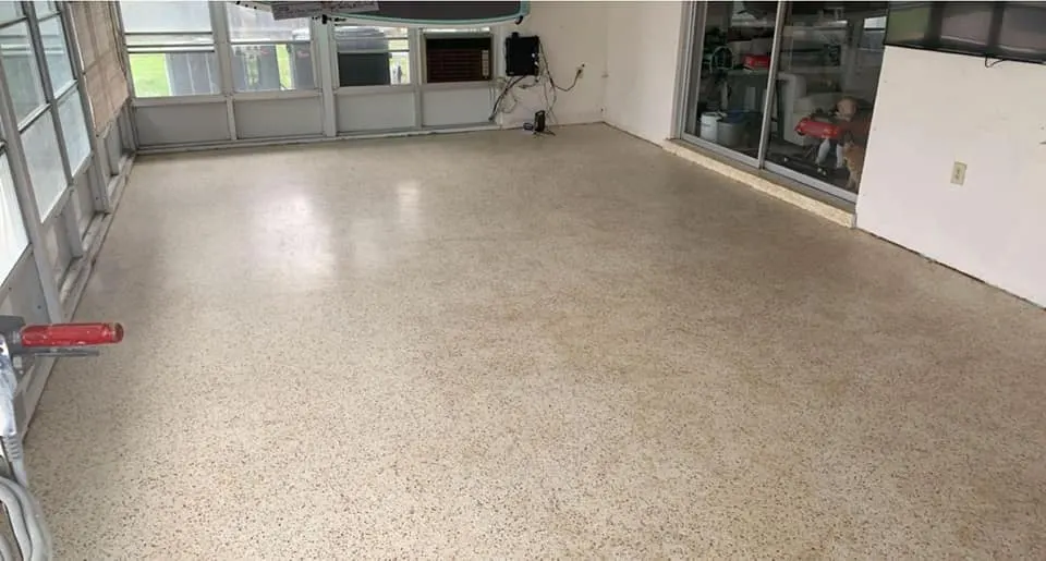 Restored terrazzo kitchen floor with a polished finish