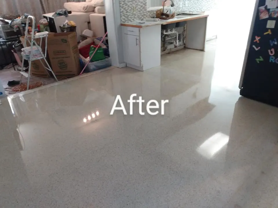Terrazzo kitchen floor after restoration, glossy and even