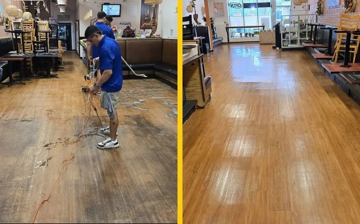 Before and after restaurant floor restoration in Tampa, FL — Restaurant dining room, wood-look plank