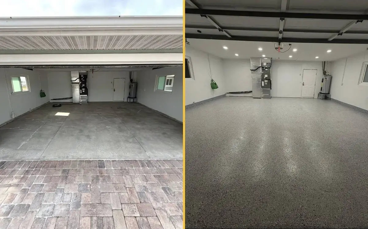 Before and after epoxy floor coating in Sarasota, FL — Concrete garage slab