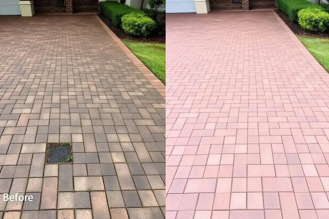 Before and after paver cleaning & sealing in Lakewood Ranch, FL — Brick paver driveway