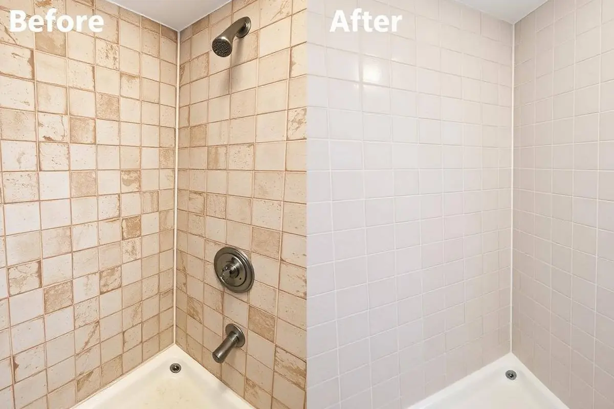 Before and after shower tile & grout restoration in Sarasota, FL — Ceramic shower walls and pan
