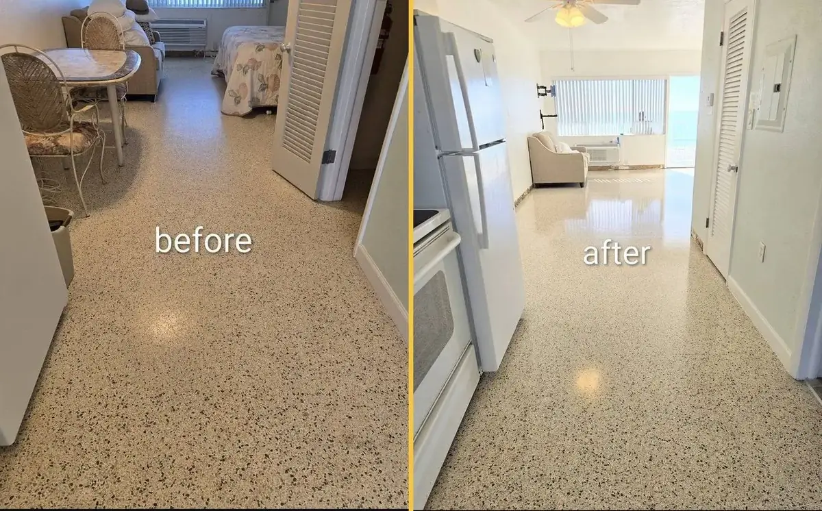 Before and after terrazzo restoration in St. Petersburg, FL — 1960s poured terrazzo